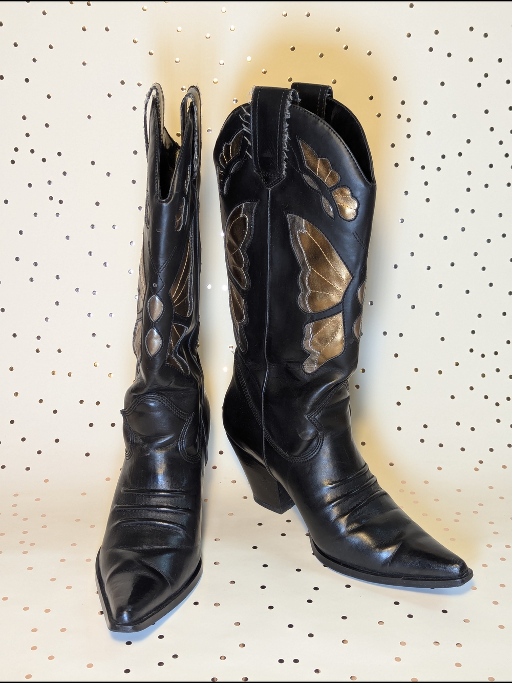 Women's Black Leather Western Boots with Gold Butterfly Inlay